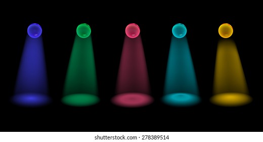 Vector set of  color spotlight transparent sphere on a black background 