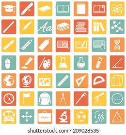 Vector Set of  Color Square 49 Education Icons. School and University.