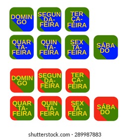 Vector set color square icons with titles of days of the week from Monday to Sunday on  portuguese language