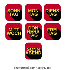 Vector set color square icons with titles of days of the week from Monday to Sunday on german