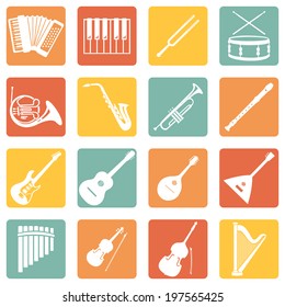 Vector Set of Color Square Musical Instruments Icons
