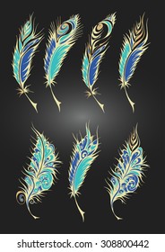 Vector  set of color stylized fantastical feathers. Collection of feathers in light blue, blue and  bright yellow colors.
