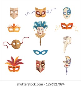 Vector set of color Venetian masks on a white background.