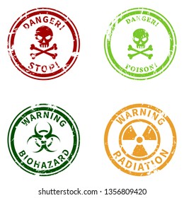 Vector Set of Color Warning Stamps. Danger Caution Seals. Biohazard, Toxic and Radiation Symbols.