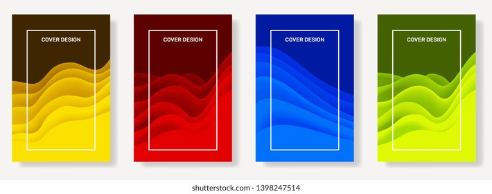 Vector set of color wave abstract background with frame. Creative 3d carving art paper cut shapes concept. Template composition layout design for web, vertical banner, poster, business presentation