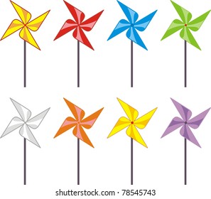 Vector set of color windmills (propeller, spinner) -  toys, cartoon - isolated illustration on white background