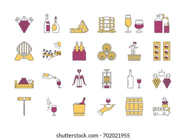 Vector Set Of Colored 24 Linear Outline Icons. Wine Production And Service Isolated Pictographs. Viticulture, Winemaking And Storage, Tools And Equipment