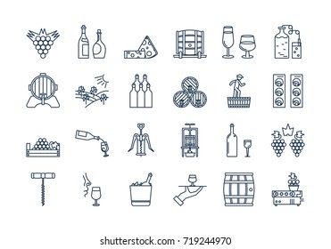 Vector set of colored 24 linear outline dark blue icons. Wine production and service isolated pictographs. Viticulture, winemaking and storage, tools and equipment