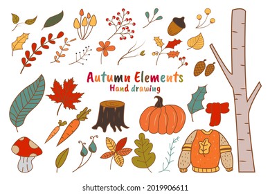 Conjunto vectorial de iconos de otoño de color: suéter, hojas caídas, comida acogedora, velas, libro y lindo erizo. Colección Scrapbook de elementos de la temporada de otoño. Fondo claro para la cosecha.
