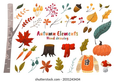 Vector set of colored autumn icons: sweater, falling leaves, cozy floral, berries, branch. Scrapbook collection of fall season elements. Bright background for harvest time.