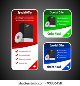 vector set of colored banners sale and advertisement. Package Box With DVD Or CD Disk