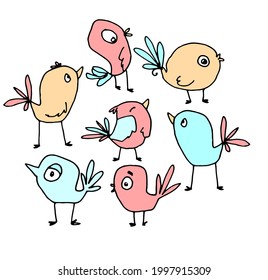 Vector set of colored birds. a set of isolated stylized birds painted in doodle style in turquoise, pink and yellow pastel colors on a white background for a design template for children's packaging 