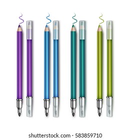 Vector set of Colored Blue Emerald Green Purple Violet Double sided Cosmetic Makeup Eyeliner Pencils with Transparent Caps and sample strokes Isolated on White Background