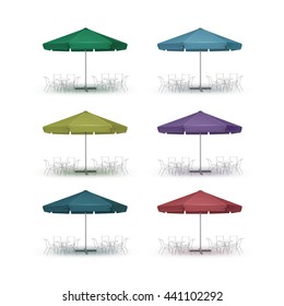 Vector Set of Colored Blue Green Purple Blank Outdoor Market Beach Cafe Bar Pub Restaurant Round Umbrella Parasol for Branding Front Side View Mock up Close up Isolated on White Background