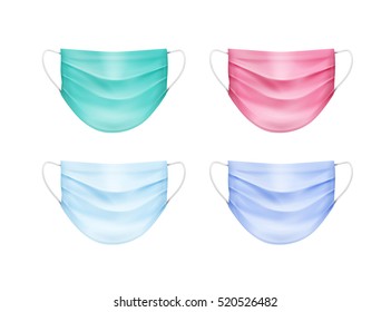 Vector Set of Colored Blue Green Pink Turquoise Medical Face Ear Loop Mask Isolated on White Background