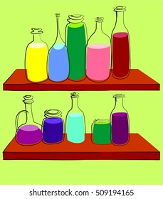 Vector set of colored bottles in hand drawn style. Different shape and sizes bottles for drink. 