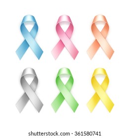 Vector Set of Colored Breast Cancer Ribbons Isolated on White Background
