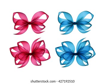 Vector Set of Colored Bright Pink Light Blue Transparent Gift Bows of Different Shapes Close up Isolated on White Background