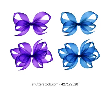 Vector Set of Colored Bright Purple Light Blue Transparent Gift Bows of Different Shapes Close up Isolated on White Background