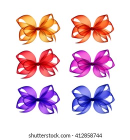 Vector Set of Colored Bright Red Orange Yellow Blue Pink Purple Violet Transparent Gift Bows Close up Isolated on White Background