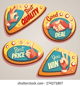 Vector set of colored brightly badges with hand gesture symbols.