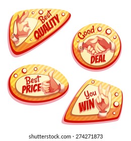 Vector set of colored brightly badges with hand gesture symbols.