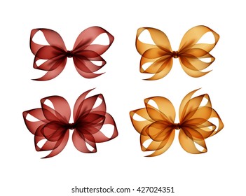 Vector Set of Colored Brown Yellow Transparent Gift Bows of Different Shapes Close up Isolated on White Background