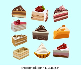 Vector set of colored cakes.Festive cakes on a white background in illustration.