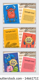 Vector set of colored cards with cartoon monsters. Cards for use in design
