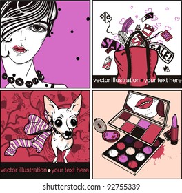 vector set of colored cards with a fashion  girl, little dog, make up and a red bag from sale