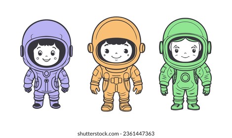 Vector set of colored cartoon cute smiling children astronauts. White isolated background. Kid cosmonauts. Icons or stickers.
