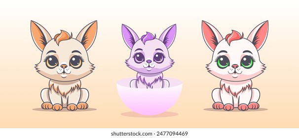 Vector set of colored cartoon cute beautiful cuddly little bunnies. Sitting fabulous pretty baby animals. Zoo collection of stickers.