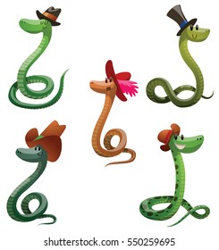 Vector set of colored cartoon images of funny snakes with different hats on their heads, smiling on a white background. Vector illustration.