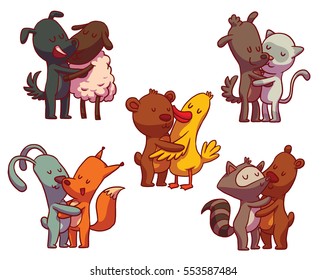 Vector set of colored cartoon images of cute animals: dog and sheep, dog and cat, bear and duck, bunny and fox, raccoon and bear standing and hugging on a white background. Friendship, love.  