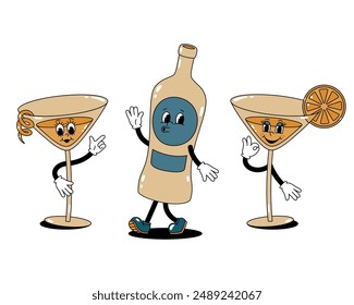 Vector set of colored cartoon retro mascot characters walking glass vermouth bottle and cocktail glasses. Stickers isolated on a white background.