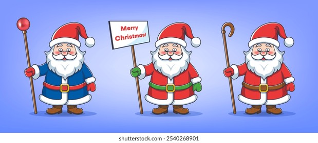 Vector set of colored cartoon Santa Clauses with staffs. Merry Christmas and Happy New Year. Holiday stickers.