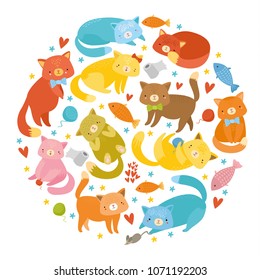 vector set colored cats, cute funny  characters