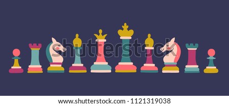 Vector set of colored chess pieces: king, queen, bishop, knight, rook, pawn. Bright set with chess icons.