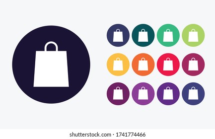 Vector set of colored circles with shopping bag icon on white background.