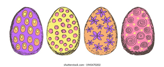 Conjunto vectorial de coloridos huevos de pascua. Cuatro huevos pintados aislados en blanco. Doodle dibujado a mano