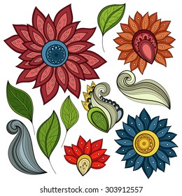Vector Set of Colored Contour Flowers and Leaves, Floral Design Elements
