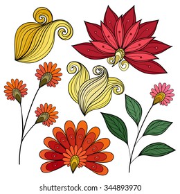 Vector Set of Colored Contour Flowers and Leaves, Floral Design Elements