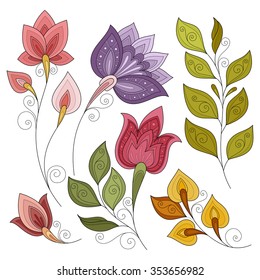 Vector Set of Colored Contour Flowers and Leaves, Floral Design Elements