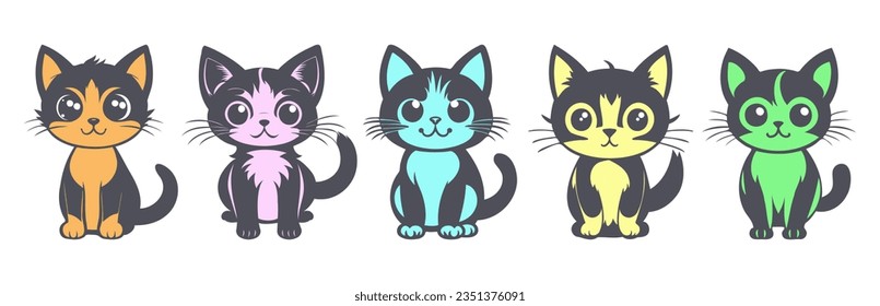 Vector set of colored cute cartoon cats on a white isolated background. Stickers or icons. Domestic kittens.