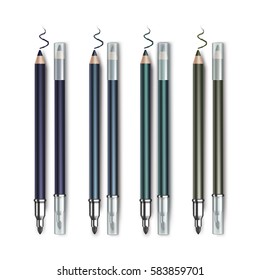 Vector set of Colored Dark Blue Emerald Green Double sided Cosmetic Makeup Eyeliner Pencils with Transparent Caps and sample strokes Isolated on White Background