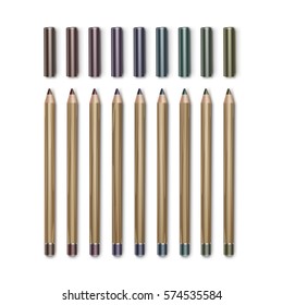 Vector set of Colored Dark Brown Vinous Blue Green Violet Purple Cosmetic Makeup Eyeliner Pencils with Caps Isolated on White Background