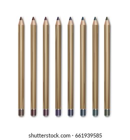 Vector set of Colored Dark Brown Vinous Blue Green Violet Purple Cosmetic Makeup Eyeliner Pencils Isolated on White Background