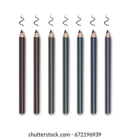 Vector set of Colored Dark Brown Vinous Blue Green Violet Purple Cosmetic Makeup Eyeliner Pencils with sample strokes Isolated on White Background