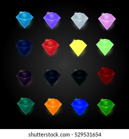 Vector set of colored diamonds, gemstones, crystals, images for games, icons, item