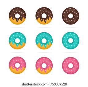 Vector set of colored donuts in realistic style. Pink, turquoise, brown doughnut, dessert and sweets